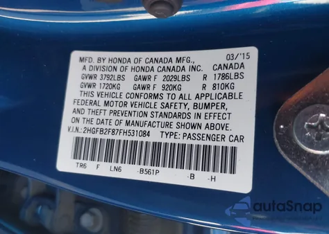 2015 Honda Civic Ex z USA, uszkodzony, nr VIN 2HGFB2F87FH531084